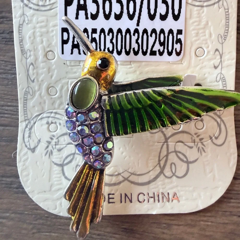 Decorative Green Hummingbird Bird Pendant - Enamel & Crystal Accent
